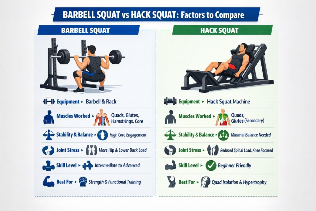 Barbell squat vs. hack squat factors to compare